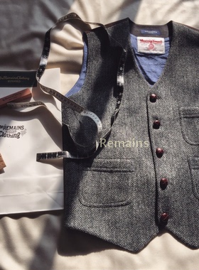 春季灰色粗花纹人字呢马甲tweed 咔叽羊毛工装马夹复古英伦加大码