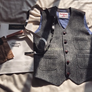 马夹复古英伦加大码 咔叽羊毛工装 灰色粗花纹人字呢马甲tweed 春季