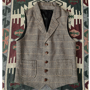 背心 咔叽粗花呢大码 复古人字纹马甲男秋冬西装 领格子马夹欧美修身