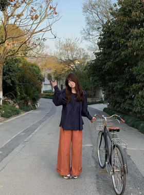 现货秒发handwash新款韩版宽松显瘦圆领褶皱小众长袖衬衫女上衣