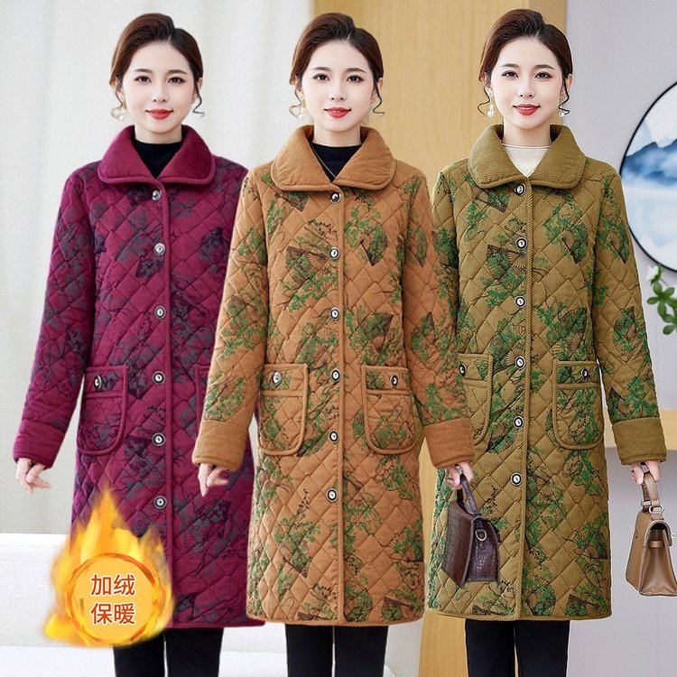 冬季中老年女加绒棉衣中长款翻领棉服外套妈妈装保暖洋气过膝棉袄图片