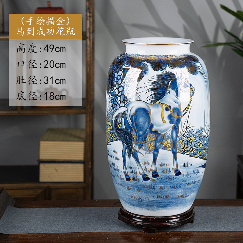 手绘马到成功大号花瓶景德镇陶瓷客厅博古架插花摆件字画筒收纳缸