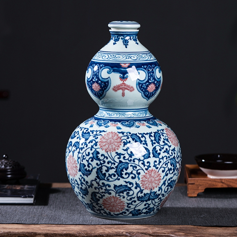 葫芦泡酒罐景德镇陶瓷酒坛子密封家用10斤装藏酒青花手绘酒瓶酒壶
