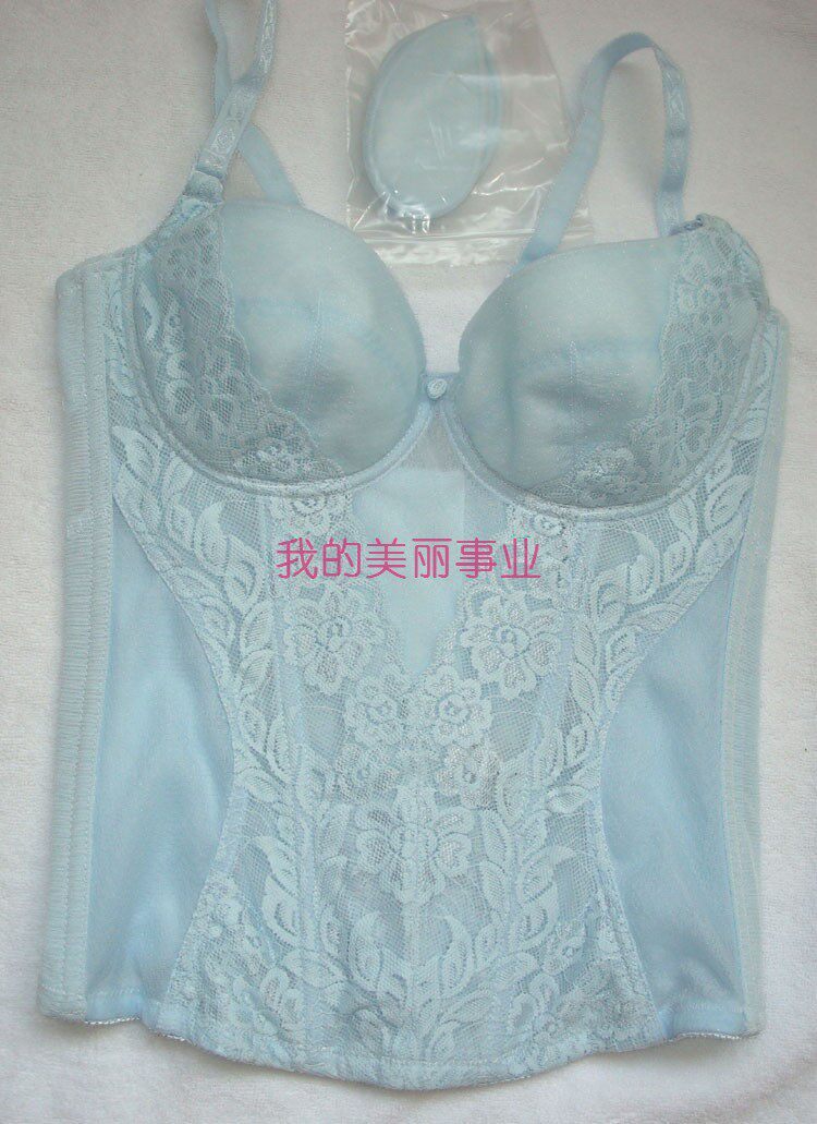 婷美专柜正品超薄透气收腹提臀调整美体长文胸塑身衣套装新典雅蓝