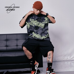 情侣t潮牌百搭美式 夏季 T恤宽松大码 短袖 印花圆领上衣体恤 重磅男士