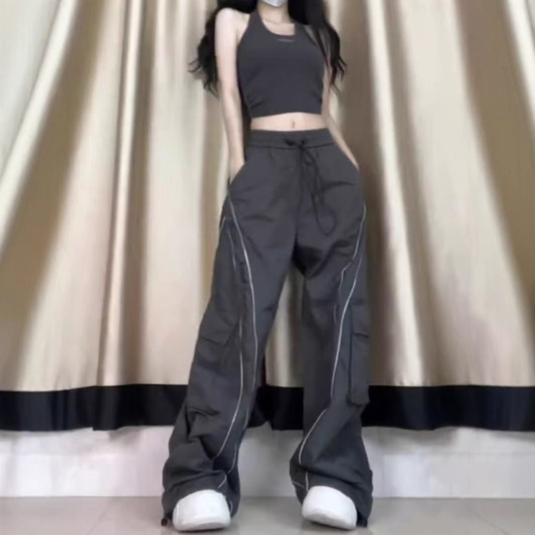 裤子女款春秋季高腰直筒宽松大码工装裤潮牌美式阔腿休闲长裤