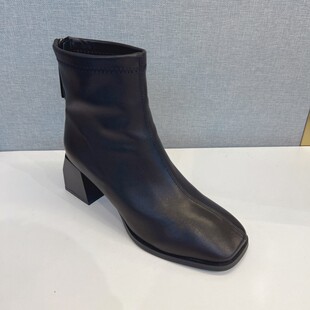 33-3美之美秋冬新款头层羊皮方头方根短靴子后拉链短筒单靴