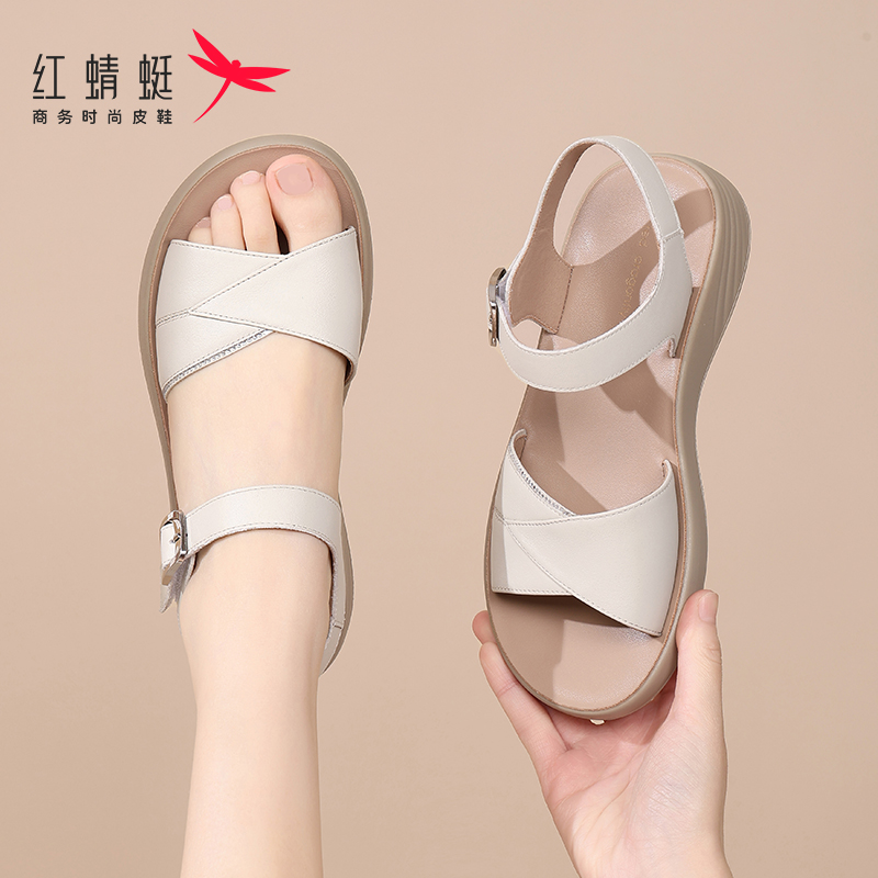 红蜻蜓平底凉鞋女真皮软底一字带