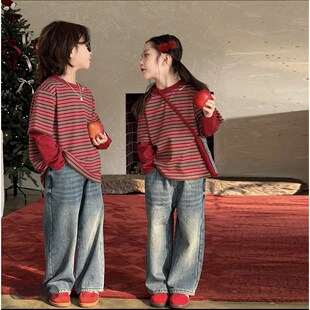 2026早春童装红色新年装洋气条纹男女童冬季打底针织假两件T恤