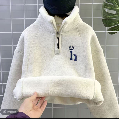 中大童套头半高领拉链刺绣男童加绒卫衣冬季中大童男孩保暖上衣