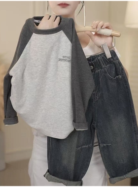 中大童圆领儿童秋款韩版休闲灰色长袖百搭打底衫男女童T恤