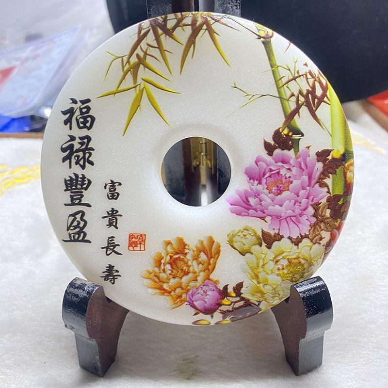 白玉平安扣摆件百款彩绘图案和氏璧平安扣家居工艺礼品批发送底座