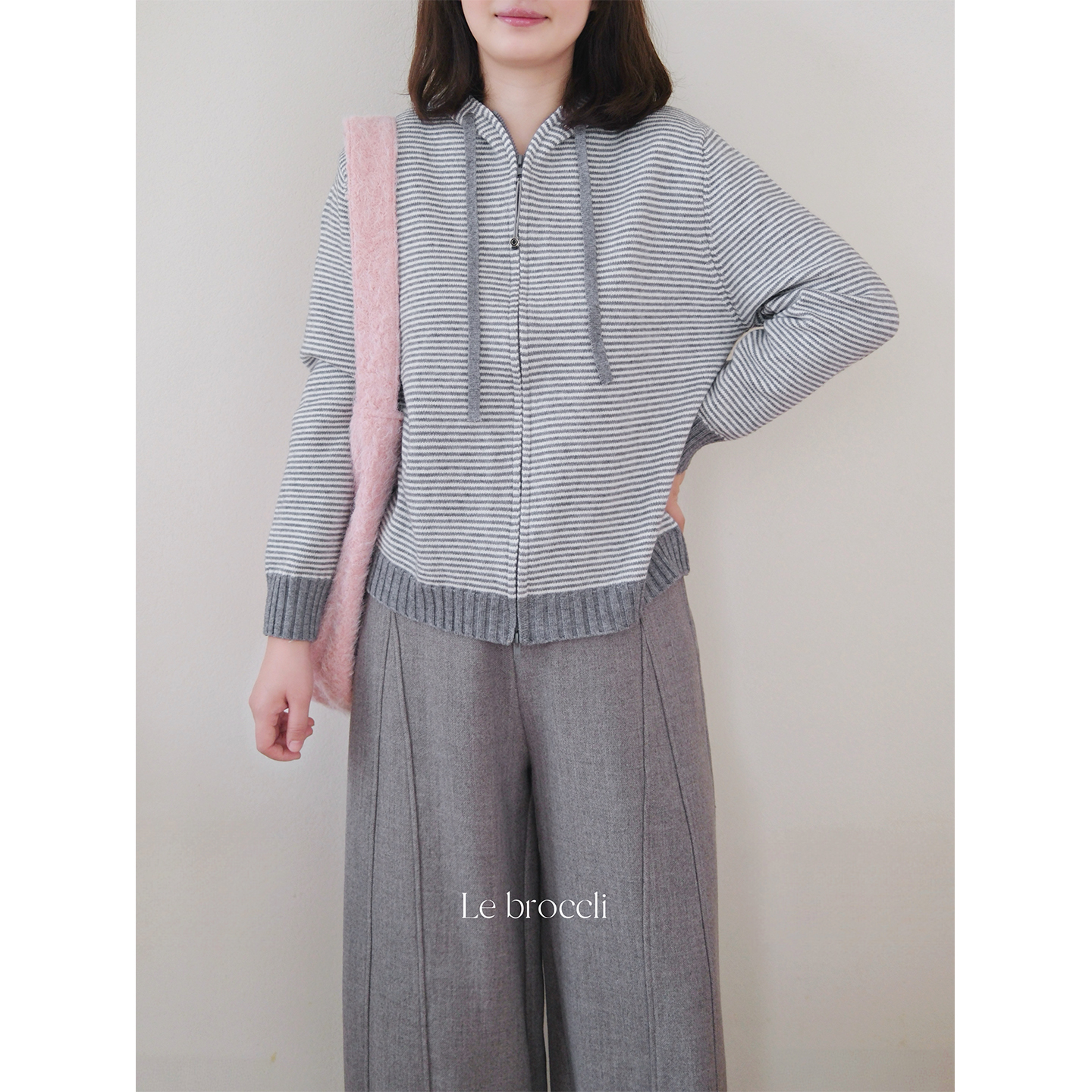 西兰花花 休闲文艺条纹针织衫秋冬百搭外套宽松日常连帽开衫毛衣