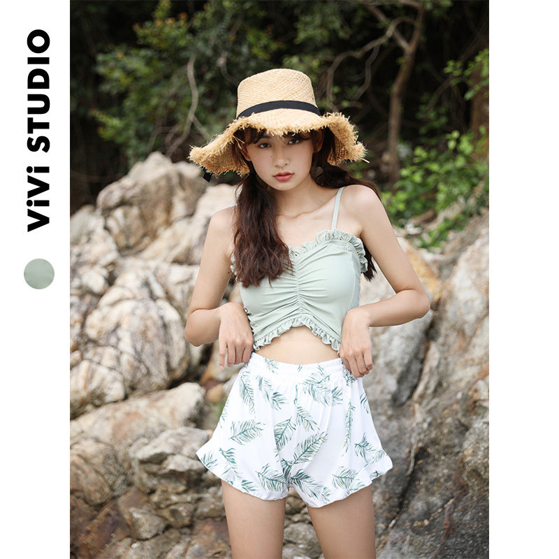 viviStudio/ 夏季豆沙绿小性感吊带泳衣三件套高腰个性少女泳装
