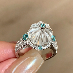 新品天然白水晶南瓜戒指复古宫廷风帕拉伊巴蓝钻镶嵌S925银指环女
