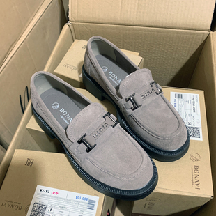 出俄罗斯单~英伦风反绒皮乐福鞋女春季金属扣圆头百搭复古豆豆鞋