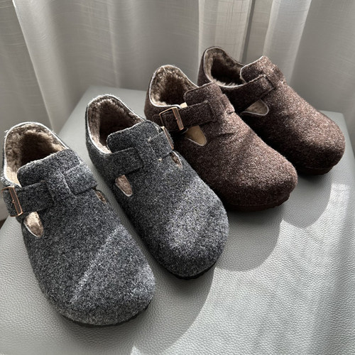 2025年冬季新款森系复古毛呢羊毛加绒保暖勃肯鞋女外穿百搭平底