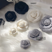 小香风手工山茶花胸针黑白法式 优雅复古立体花朵别针气质衣帽配饰