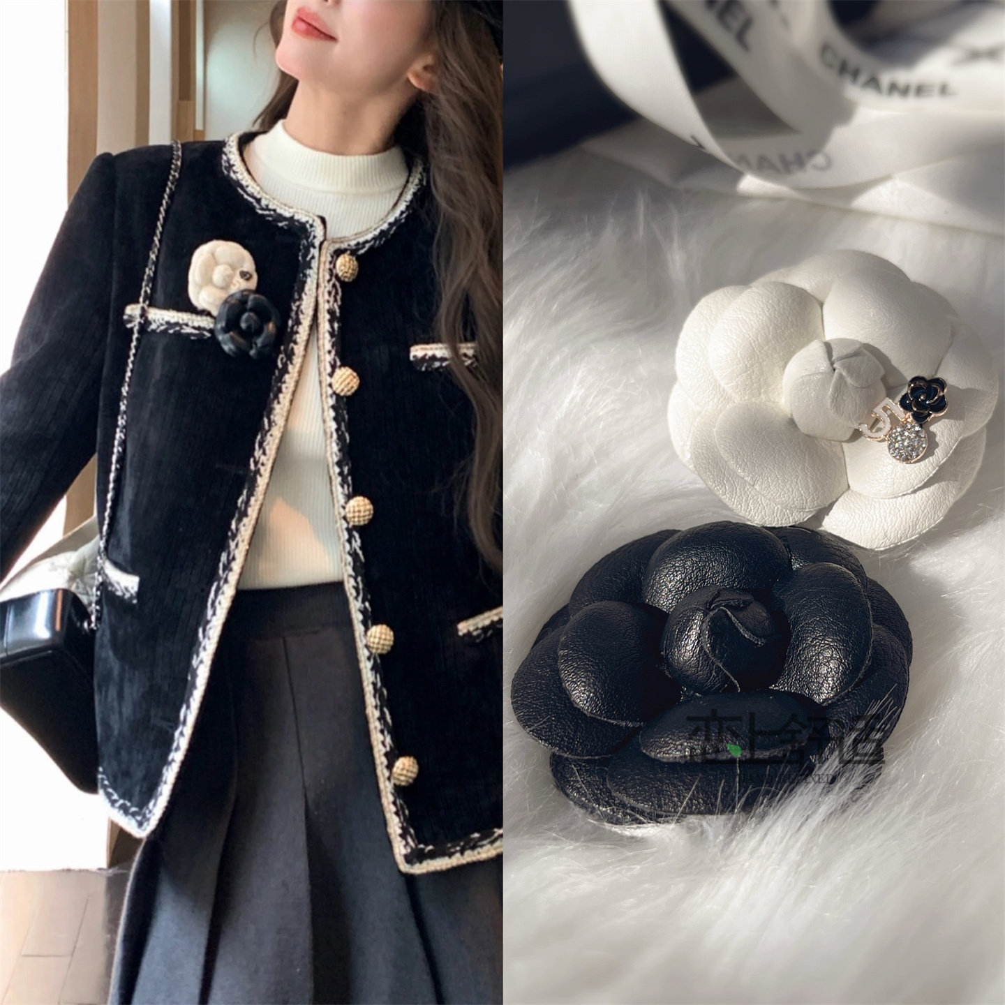达人同款法式小香风山茶花胸针典雅黑白色PU皮胸花外套别针配饰品,饰品/流行首饰/时尚饰品新,胸针,淘宝优惠券,粉丝福利购,淘宝优惠卷