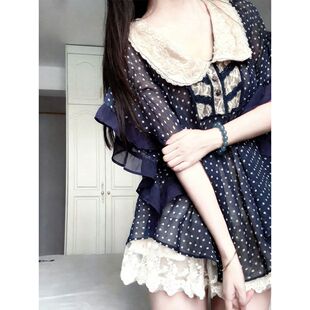 【古早奈奈】Vintage甜美少女感娃娃领上衣+蕾丝半裙两件套女夏季
