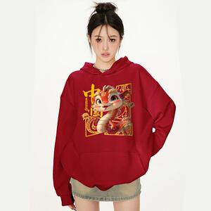 WASSUP潮牌红色连帽卫衣女秋冬季2025新款蛇年宽松喜庆慵懒风上衣