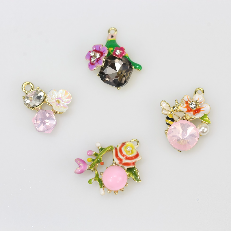 仿贝壳树脂花镶嵌珍珠水钻花盘钻扣饰品配件手工diy手链合金挂件