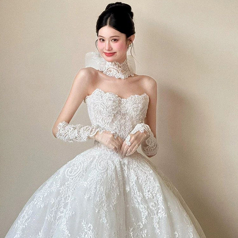 婚纱租赁韩式抹胸白色蕾丝婚纱女新娘主纱高级感拖尾婚纱礼服出租