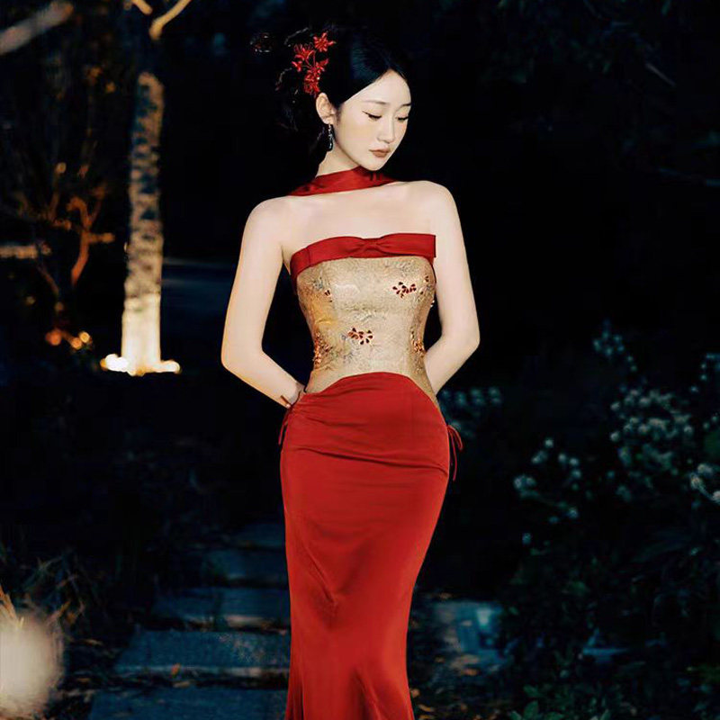 2025新款抹胸复古轻奢连衣裙女结婚服订婚礼服敬酒服回门长裙子