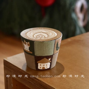 景德镇手绘拼格猫咪治愈咖啡杯拿铁拉花杯下午茶主人杯复古杯礼物