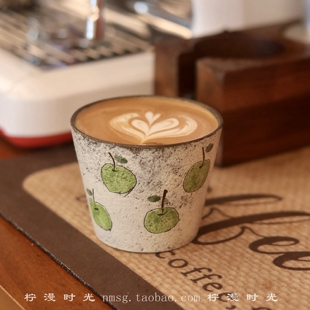 景德镇手作紫砂泥小清新绿苹果猪口杯咖啡拿铁拉花杯主人杯手握杯