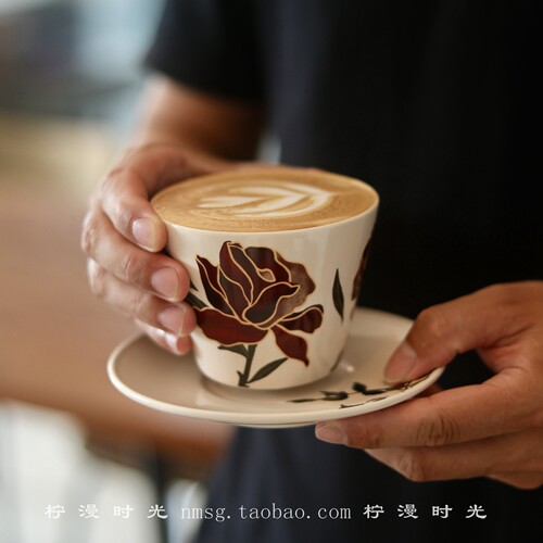 温柔法式花园复古红玫瑰马蹄莲陶瓷咖啡杯碟手握杯拿铁拉花杯礼物