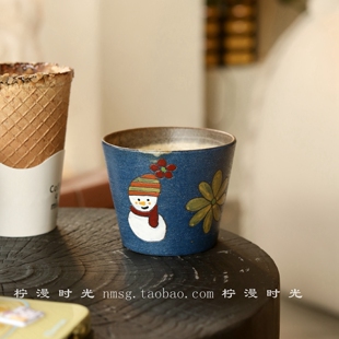 深海蓝雪人冬天景德镇手作釉下彩猪口杯紫砂泥咖啡拿铁拉花杯礼物