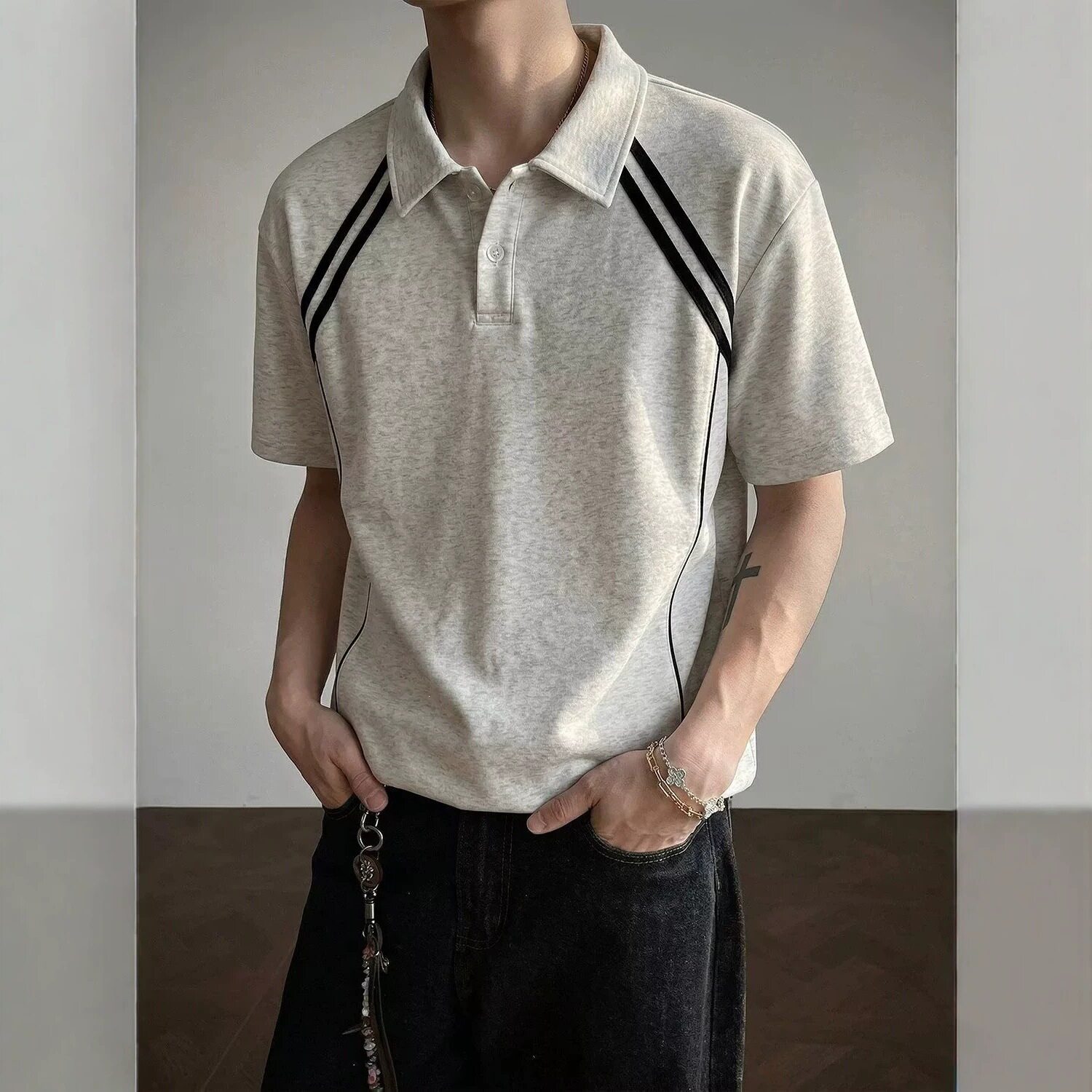美式条纹拼接短袖POLO衫男夏季学院风休闲半袖青少年潮流宽松T恤