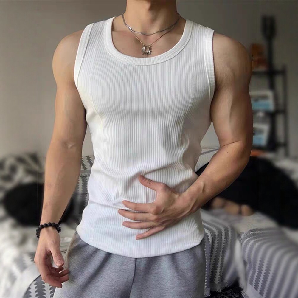 白色粗螺纹坎肩背心男款夏季修身显肌肉无袖T恤美式健身运动汗衫