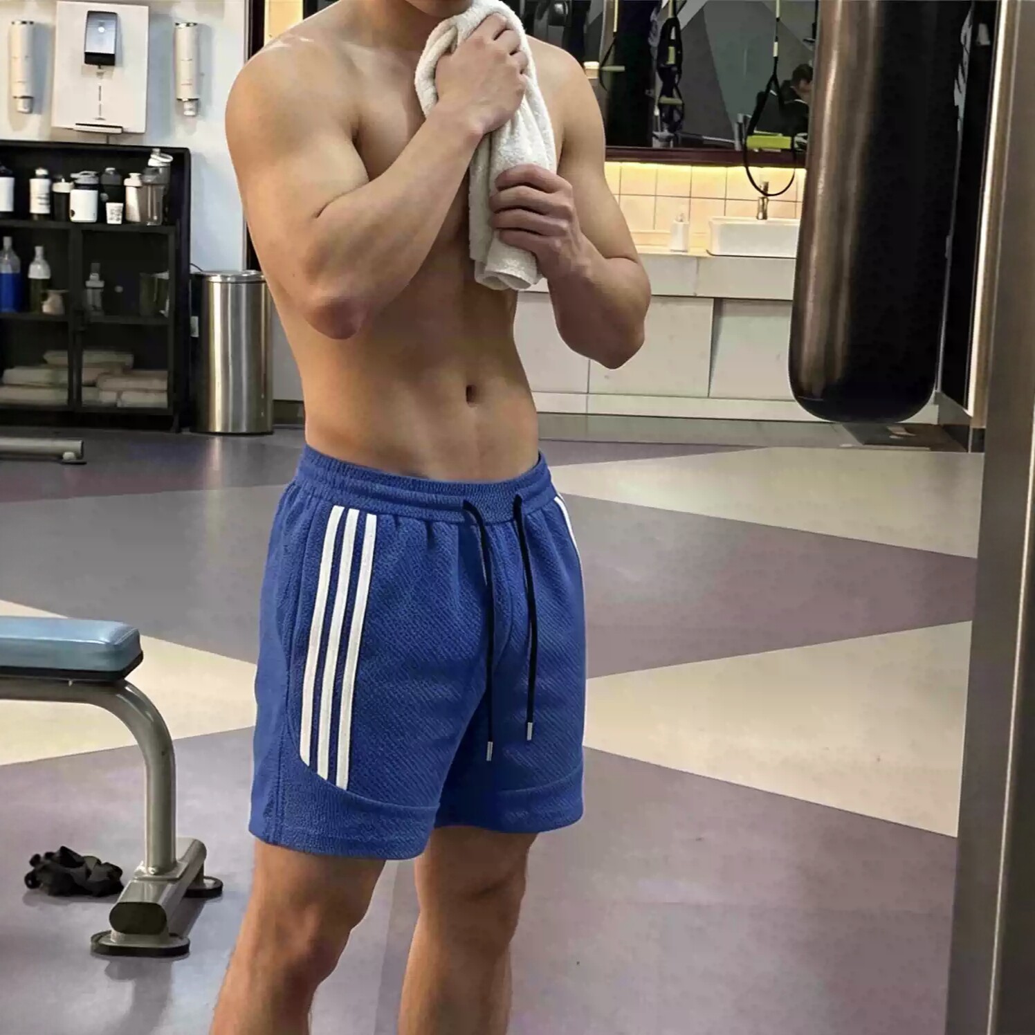 优男阁|男士龙鳞纹蓝色短裤 薄款透气条纹运动四分裤小众设计男裤