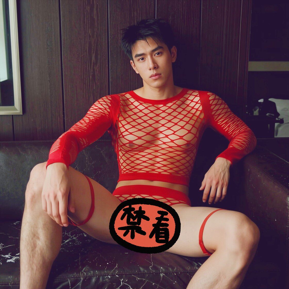 优男阁男士分体镂空渔网长袖网纱衣大码个性潮流舞台表演休闲穿搭