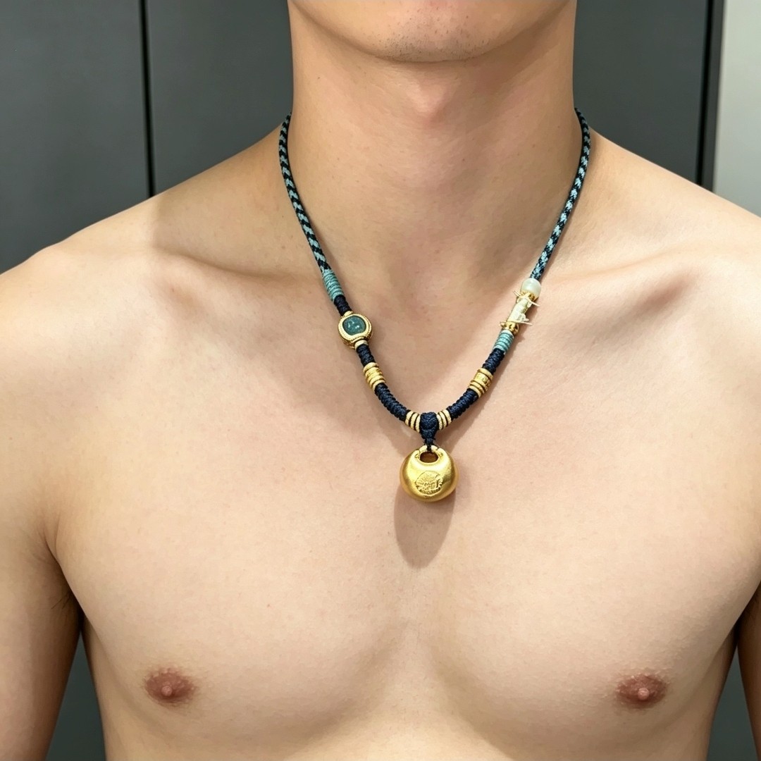 藏式小胖福编绳万能链男士仿蓝碧玺盘缠项链民族风长款毛衣链