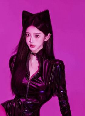 getrich 2024性感猫女黑色漆皮连体衣紧身欧美御姐辣妹制服女套装