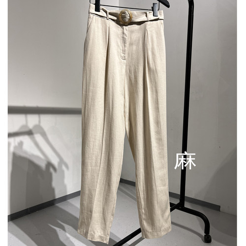 配腰带高腰亚麻休闲直筒裤