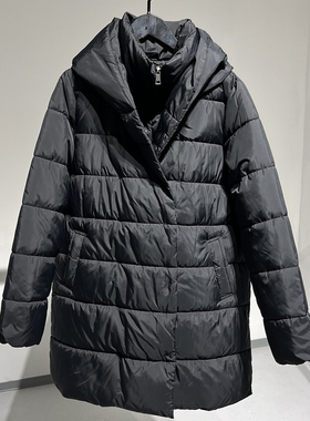111012F识体店原舒适好穿黑色连帽立领加厚保暖中长款棉服外套女