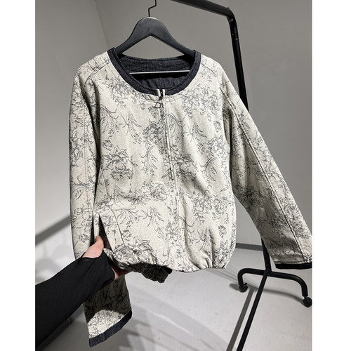 提花圆领宽松夹棉短款棉服外套