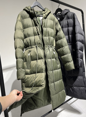 连帽抽绳收腰加厚长款棉服外套
