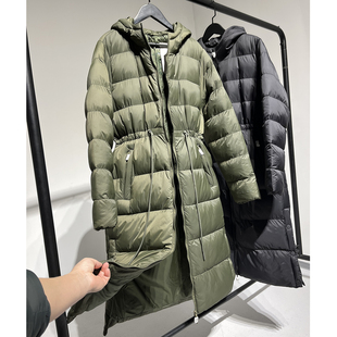 112727F识体店原温暖有型军绿色连帽抽绳收腰加厚长款棉服外套女