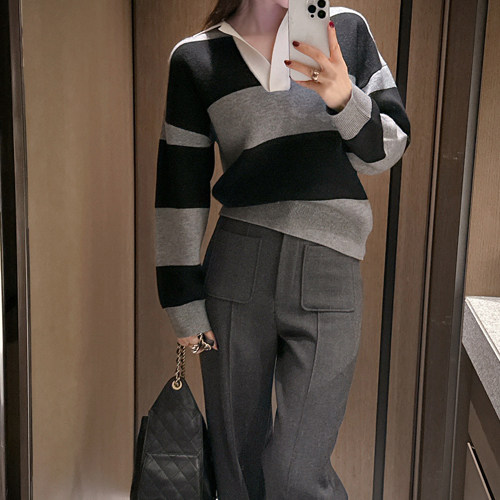 partysu 韩国进口  官网直邮 2025冬 Selby  翻领条纹羊毛针织衫