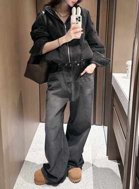 Partysu 韩国进口 官网直邮 2025冬 Funky  黑色拉绒牛仔裤