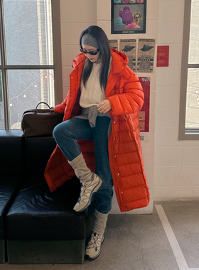 Partysu 韩国进口 官网直邮 2025冬 Pont鸭绒长款连帽橙色羽绒服