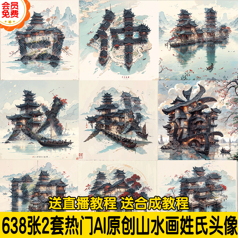 638张2套热门AI原创江山山水画姓氏头像直播素材送合成+直播教程 商务/设计服务 设计素材/源文件 原图主图