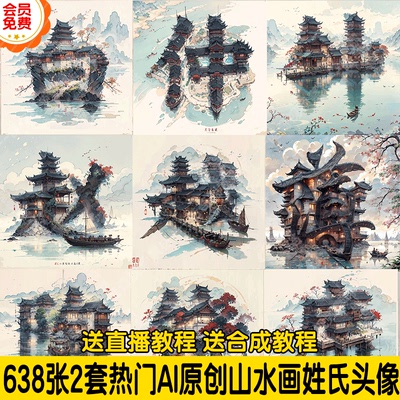 638张2套热门AI原创江山山水画姓氏头像直播素材送合成+直播教程