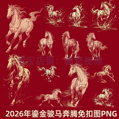 2026马年鎏金金箔烫金色奔腾的骏马美工手账装饰素材免抠png图片