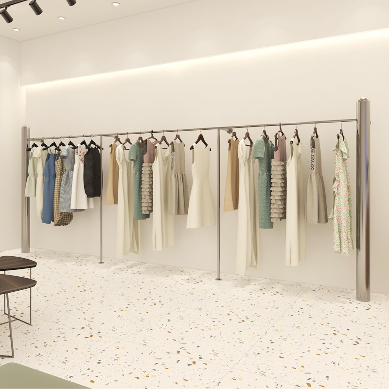 服装店展示架拉丝银色不锈钢挂衣杆靠墙架落地上墙女装货架子定制